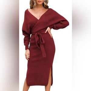 Long Sleeve Batwing V-Neck Midi Wrap Elegant Bodycon Dress